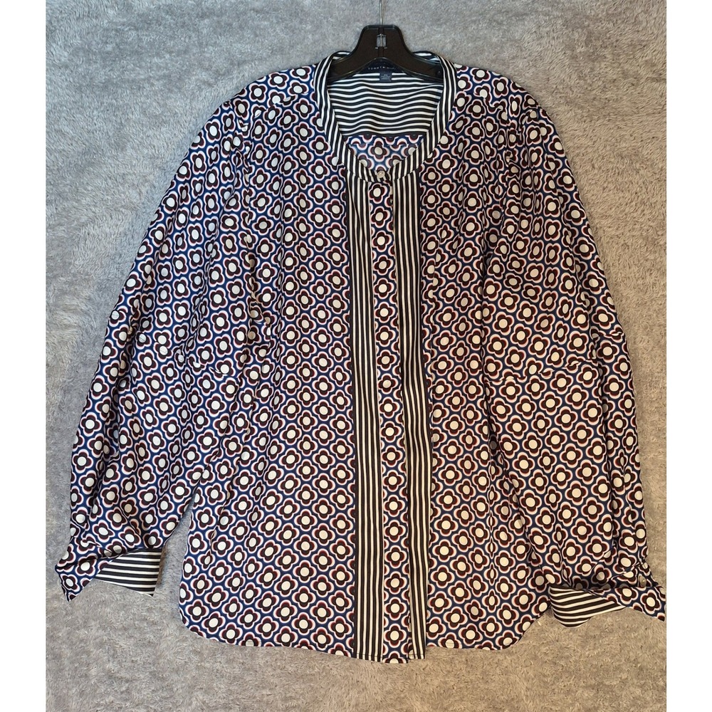 Tommy Hilfiger Womens XXL Plus Button Up Shirt Blouse Floral Stripe Polyester
